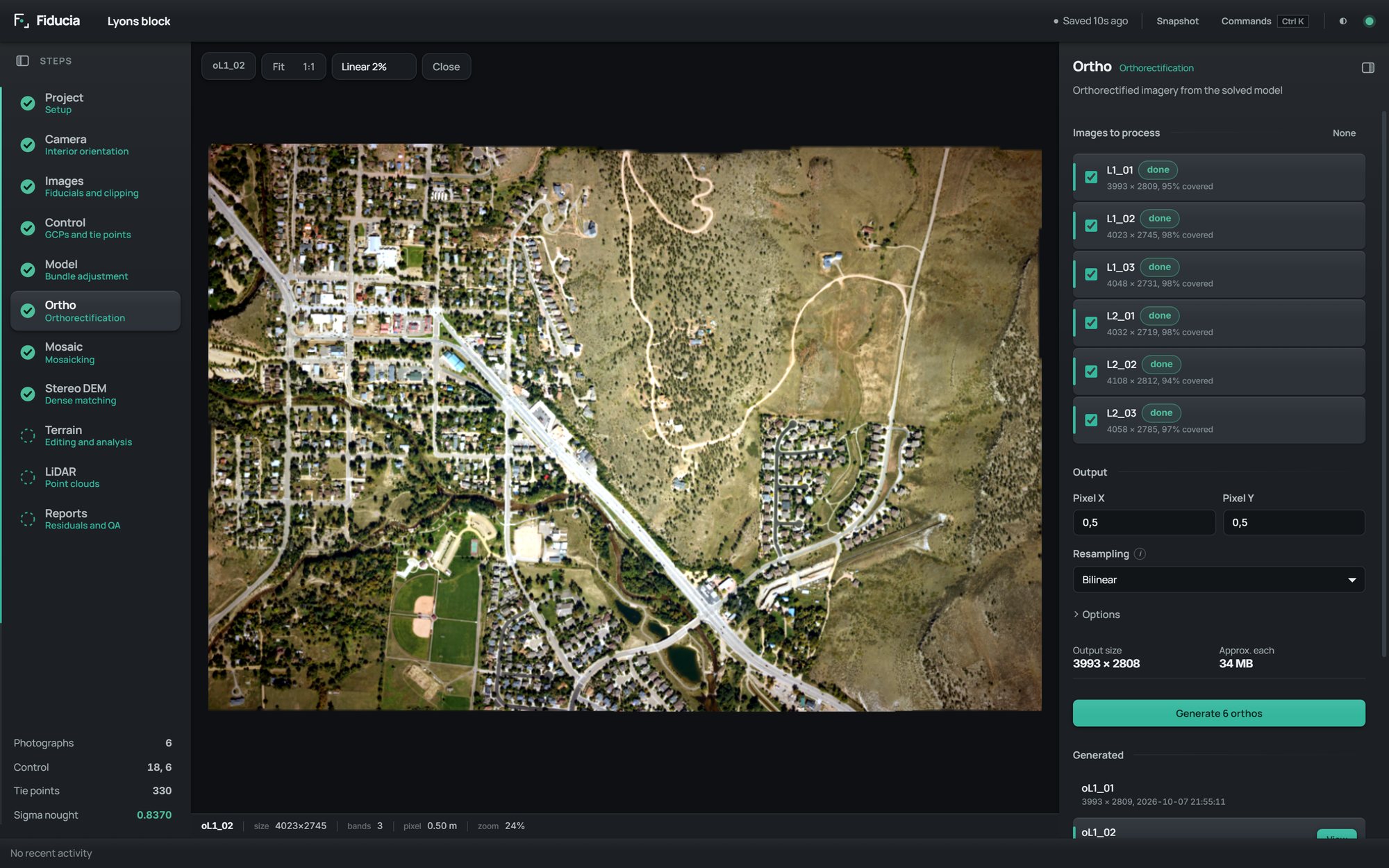 The Ortho step: an orthophoto open on the canvas