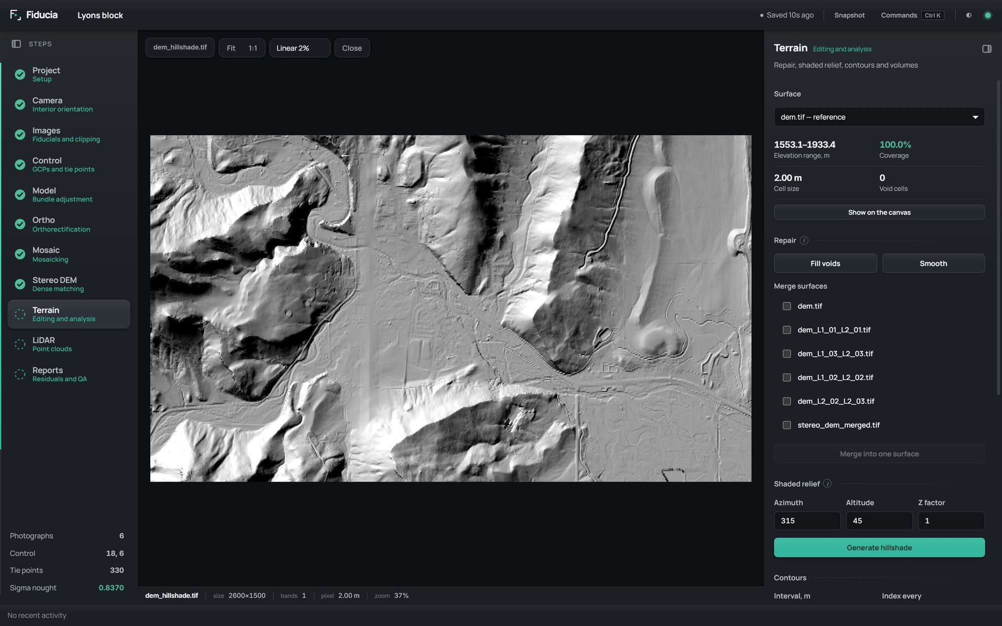 The Terrain step: a shaded relief open on the canvas